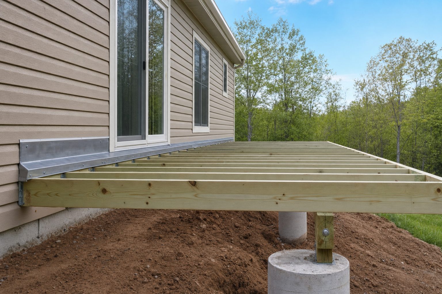 Deck framing with a flashed ledger board