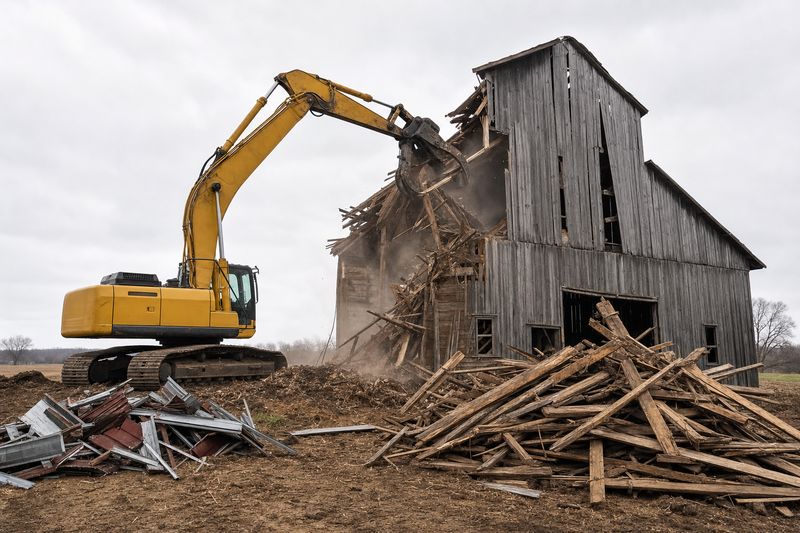 Barn demolition with debris sorted for disposal