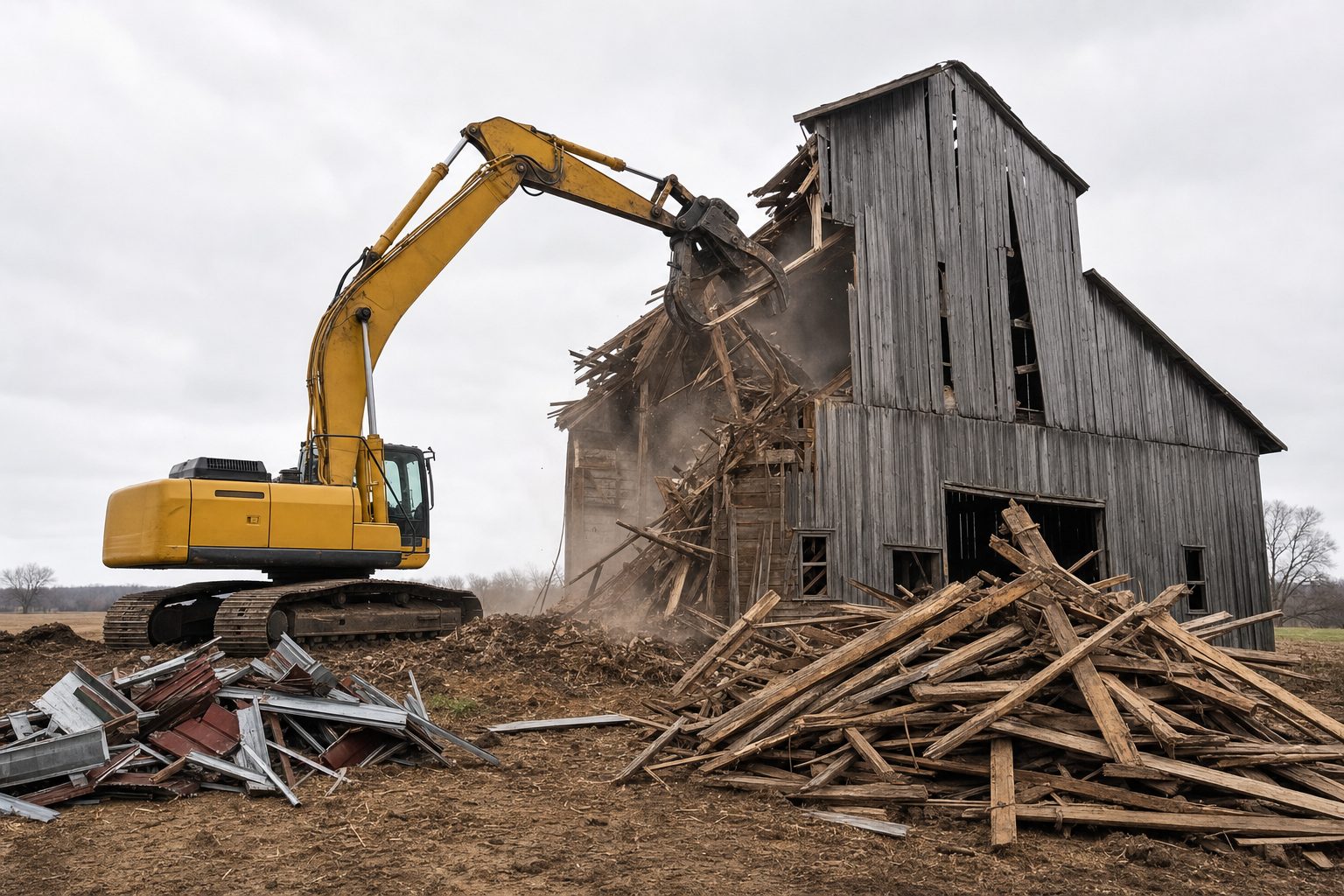 Barn demolition with debris sorted for disposal
