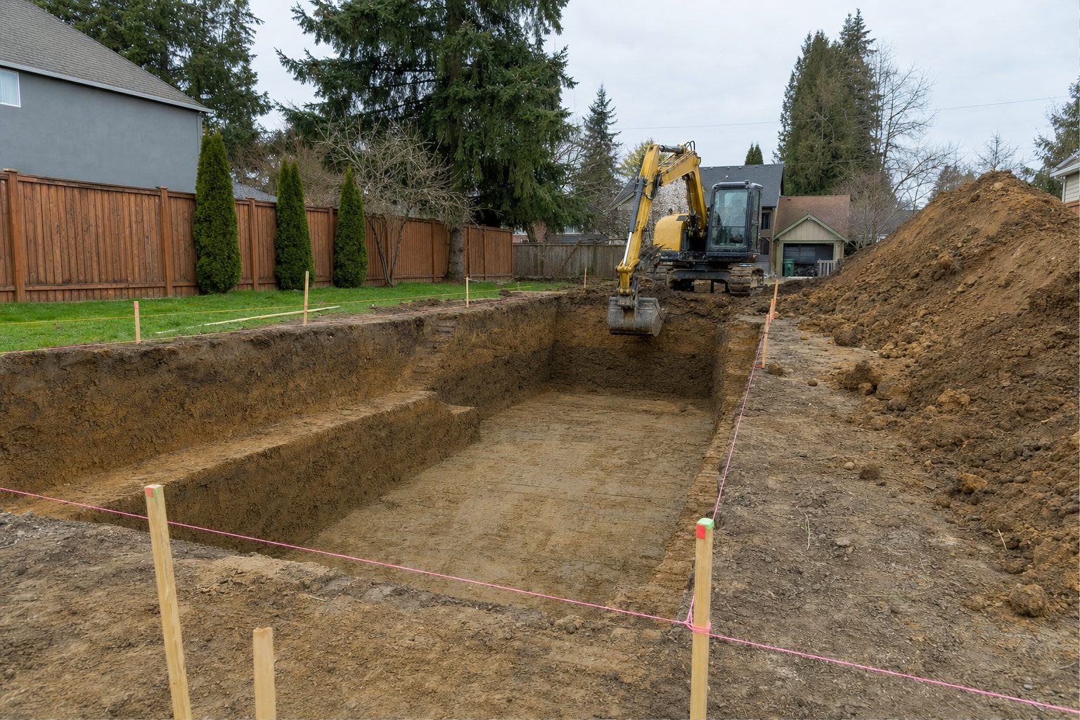 Foundation excavation with safely benched trench walls