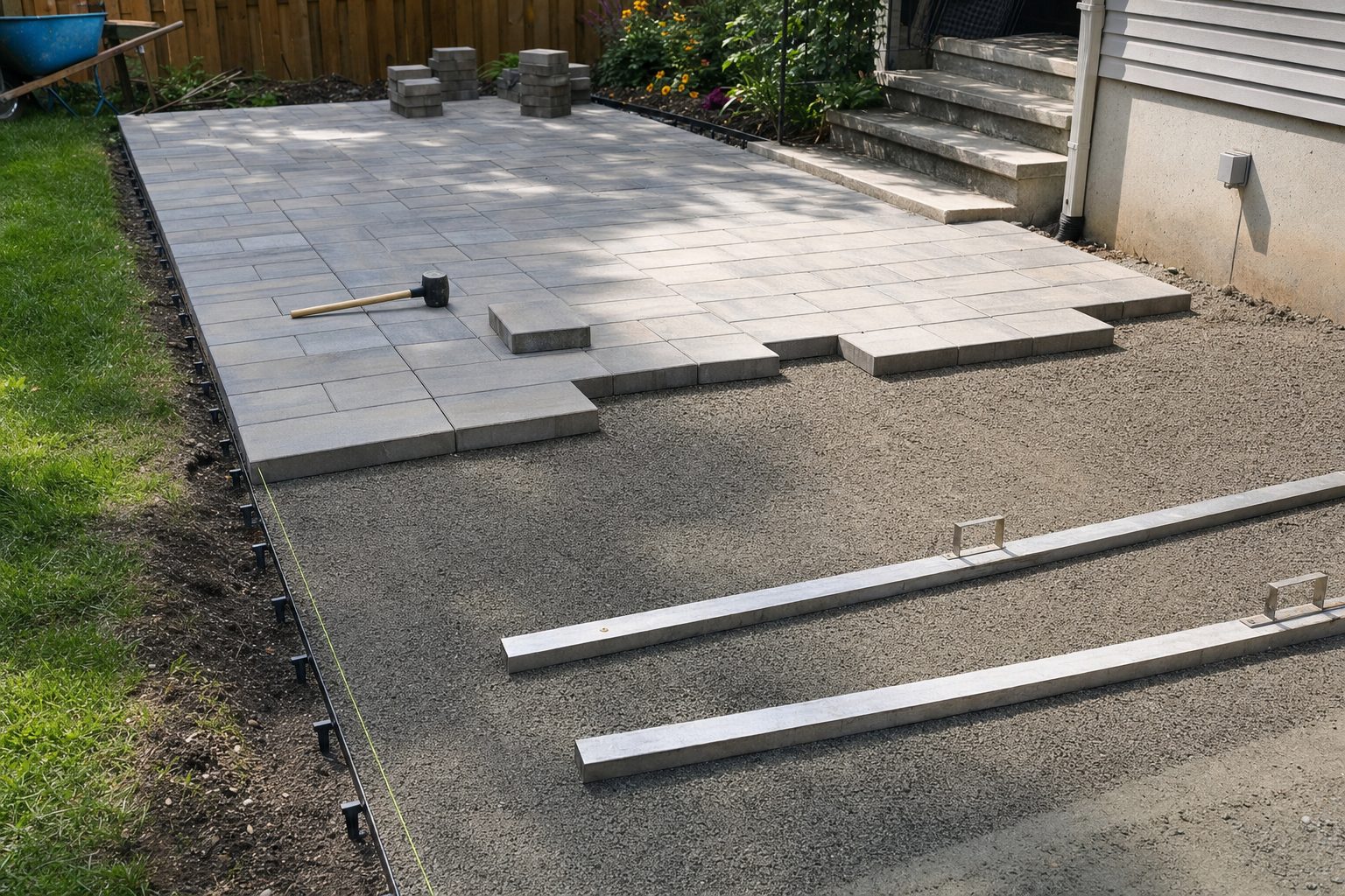 Paver patio installation over a compacted base