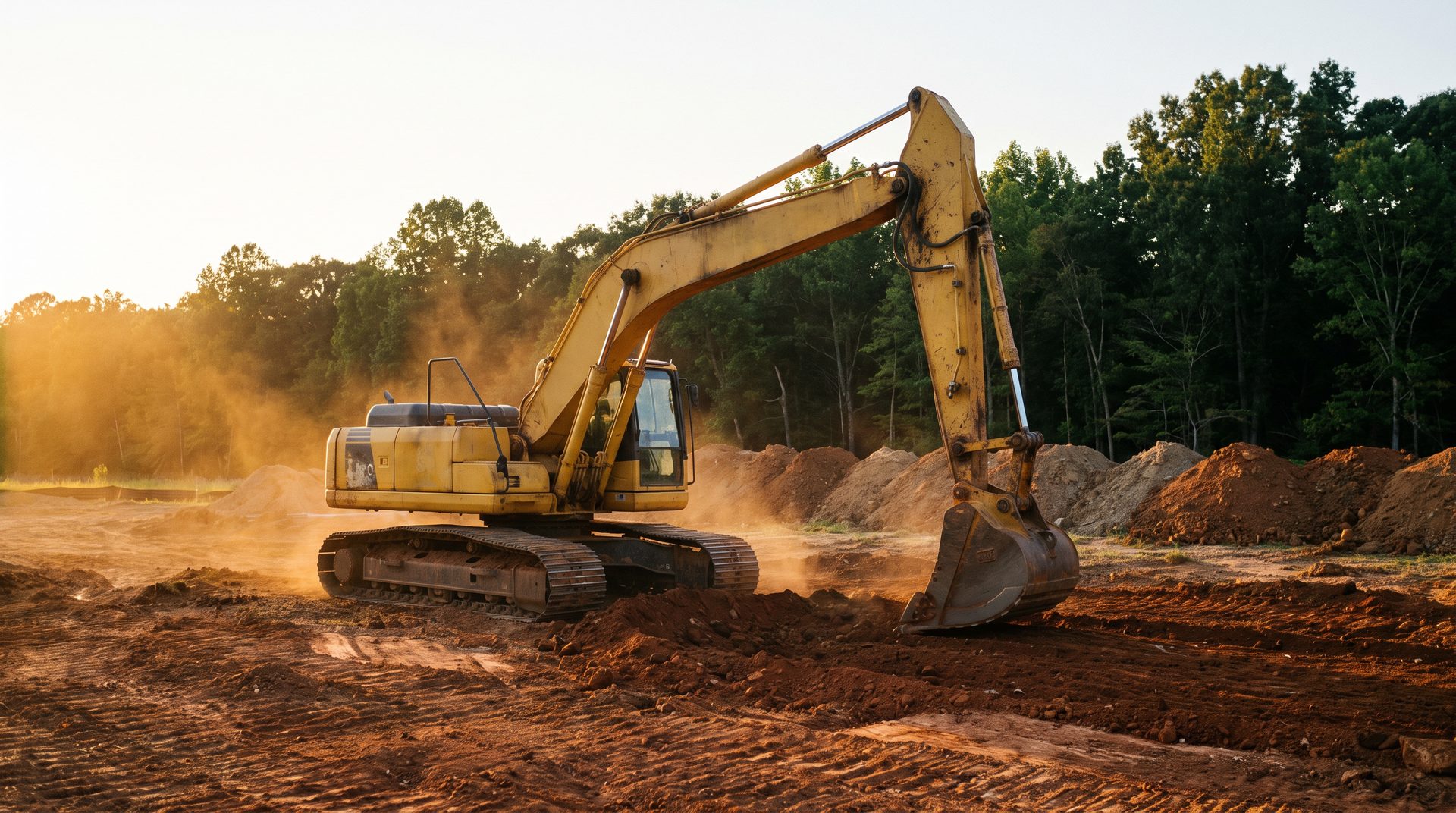 Excavator working a rural Virginia site at sunset