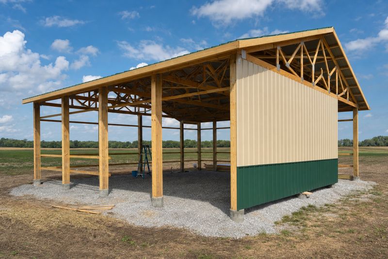 Post frame pole barn under construction