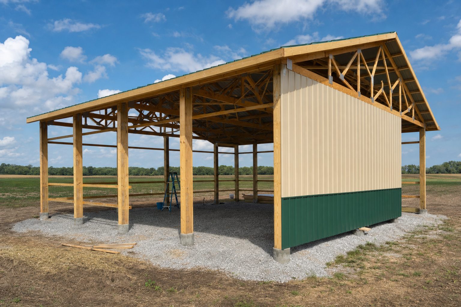 Post frame pole barn under construction