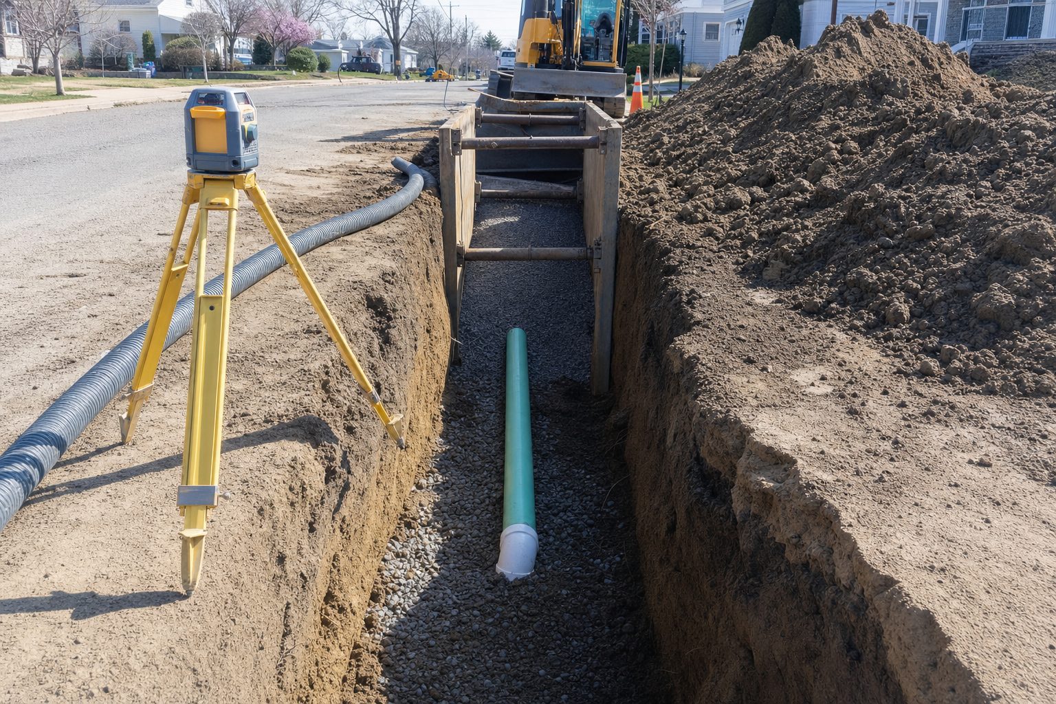 Sewer lateral installation in an open trench
